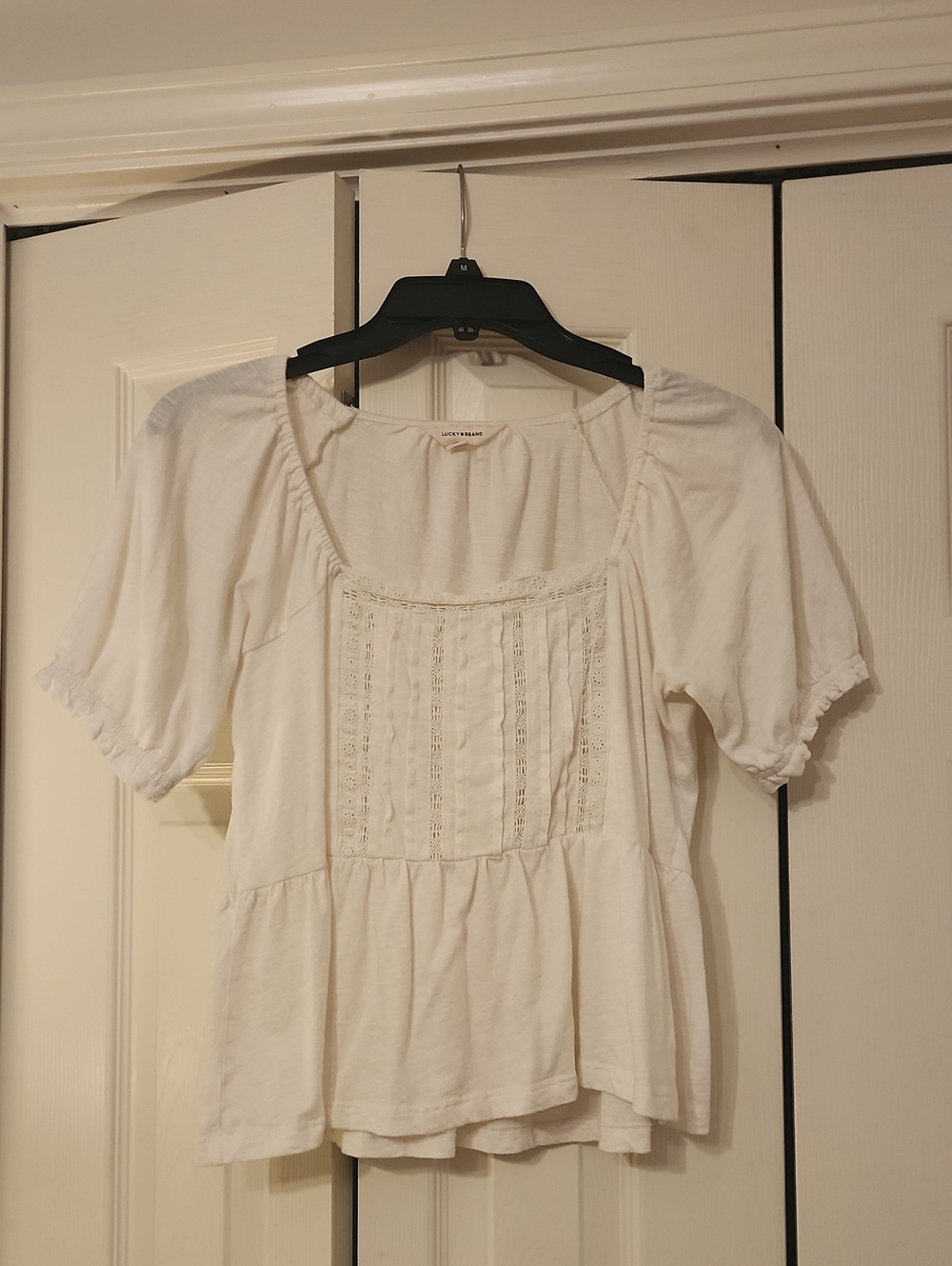 Lucky Brand White Lace-Panel Peplum Top